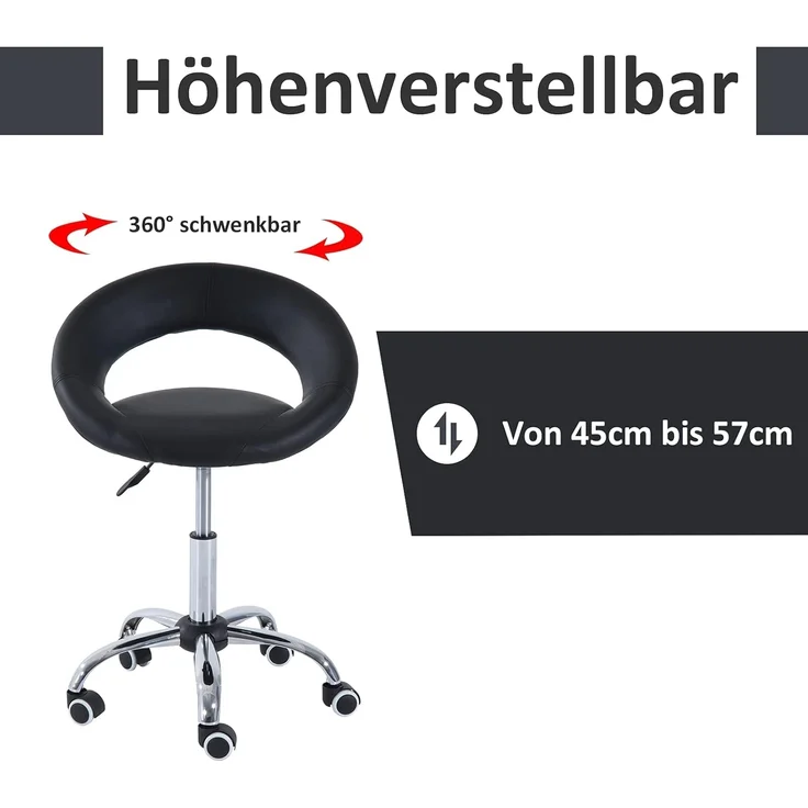 HOMCOM Rollsitz höhenverstellbarer Bürostuhl mit Rollen (Drehhocker, 1 St, Arbeitshocker), PU+Metall, Schwarz, 50 x 54 x 66-78 cm – Bild 4