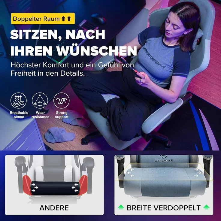 GTPLAYER Gaming Stuhl Ergonomischer Gaming Sessel Schreibtischstuhl mit Stoffoberfläche, Federsitzkissen, Verbindungsarmlehnen und Fußstütze hellblau – Bild 3