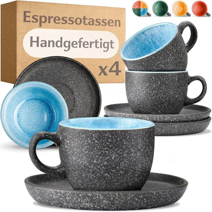 Cosumy Cappuccinotasse Espressotassen mit Untertassen 4er Set - 90 ml Keramik Blau, 8-tlg, Keramik, Warm – Bild 1