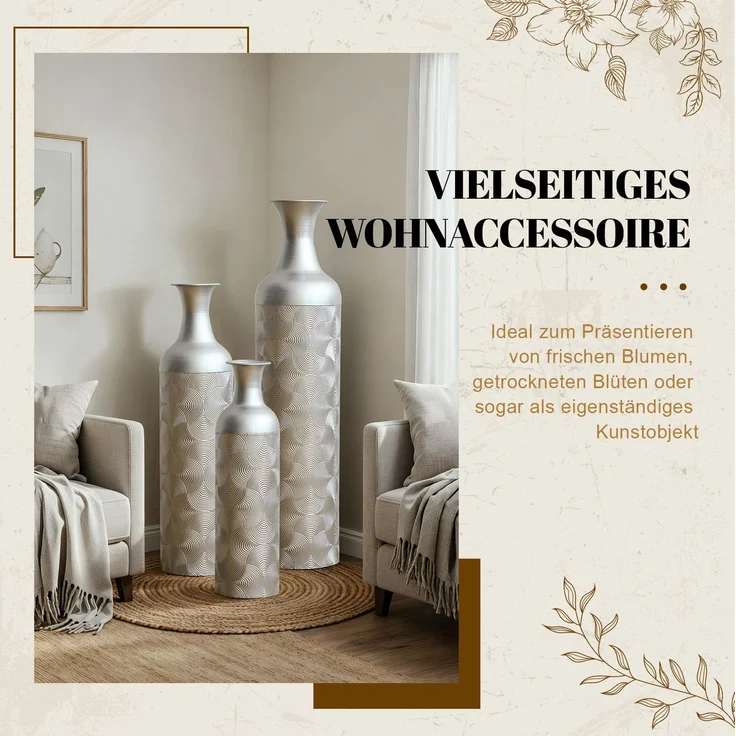 LVHOM 3er Set Bodenvase, Große Vasen aus Metall mit Rillenmuster, Dekovase für Trockenblumen, Höhen 50/66/83 cm, Vasen Set für Wohnzimmer, Flur und Büro, Silber – Bild 8