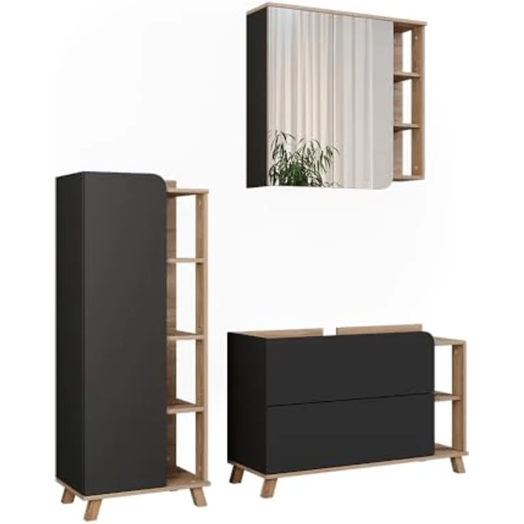 Vichy Badmöbelset Karen, 3-teiliges Möbelset in Sonoma/Anthrazit mit Waschbeckenunterschrank und Spiegelschrank, moderner Design und geräumiger Stauraum