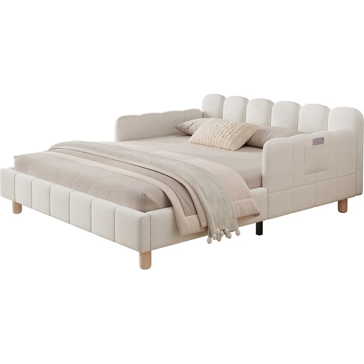 Merax Polsterbett, Kinderbett 140x190 cm, Bett mit und gepolstertes Kopfteil und Rausfallschutz, Bettbeine aus Massivholz, Samt, beige – Bild 10