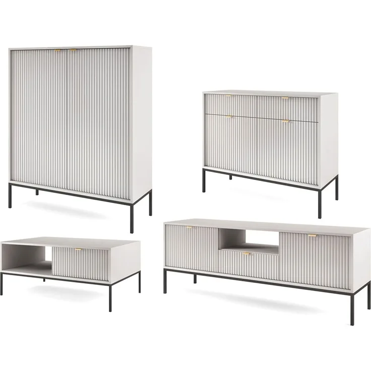 Wohnzimmer-Set Nova 4 teilig mit Highboard Couchtisch Lowboard MDF Farbe und GestellFarbe: grau