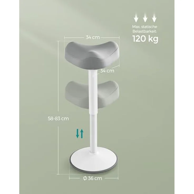 Songmics Hocker, Stehhocker neigbar, Schreibtischstuhl, höhenverstellbar 58-83 cm, großer Sockel, Anti-Rutsch, modern, grau – Bild 3