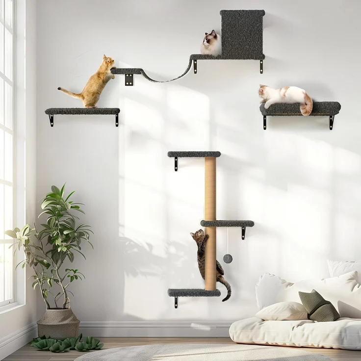 FUKUMARU Kletterwand Katzen Set, 10-teilig Katzen Kletterwand Set, aus robuster Multiplexplatte，Hängematte Katze mit Katzenhaus, Katzenbrücke, Katzenbaum, Katzentreppe bis zu 18 kg, Grau – Bild 1