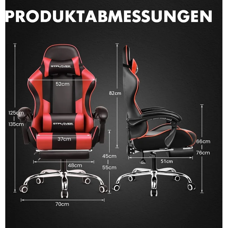 GTPLAYER Gaming Stuhl, Bürostuhl, Ergonomischer Pc Stuhl, Gaming Sessel mit Massagelendenwirbelstütze, Task Stühle mit Fußstütze und Kopfstütze, Rot Kunstleder – Bild 3