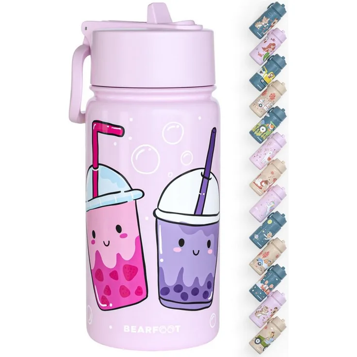BEARFOOT Trinkflasche Thermo Kinder Trinkflasche Edelstahl - BubbleTea lila, Thermosflasche, auslaufsicher, Edelstahl, Kinderflasche, BPA-frei