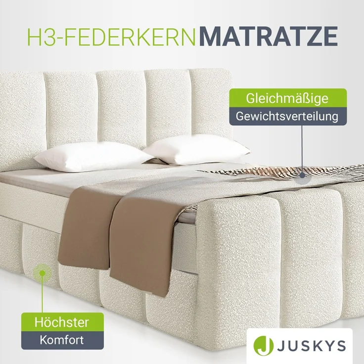 Juskys Boxspringbett Manitoba - Bouclé-Stoff, Gepolstertes Kopfteil mit Steppung & Stabile Konstruktion, Topper inklusive - Creme – Bild 4