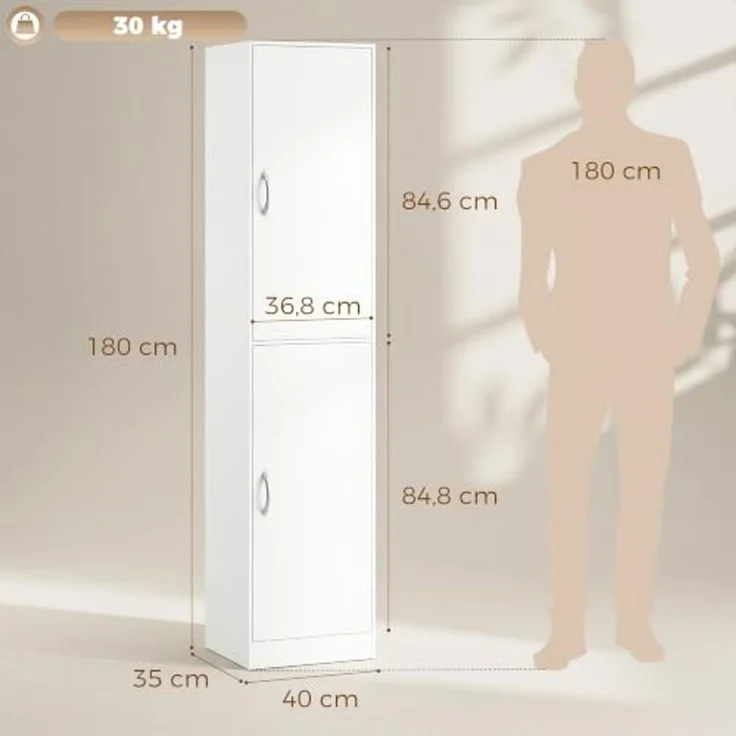 HOMCOM Bücherregal Bücherschrank, 5 Ebenen, 2 Türen, verstellbare Ablagen, Standregal 1-tlg, 40 x 35 x 180 cm für Büro, Wohnzimmer, Schlafzimmer, Weiß – Bild 3