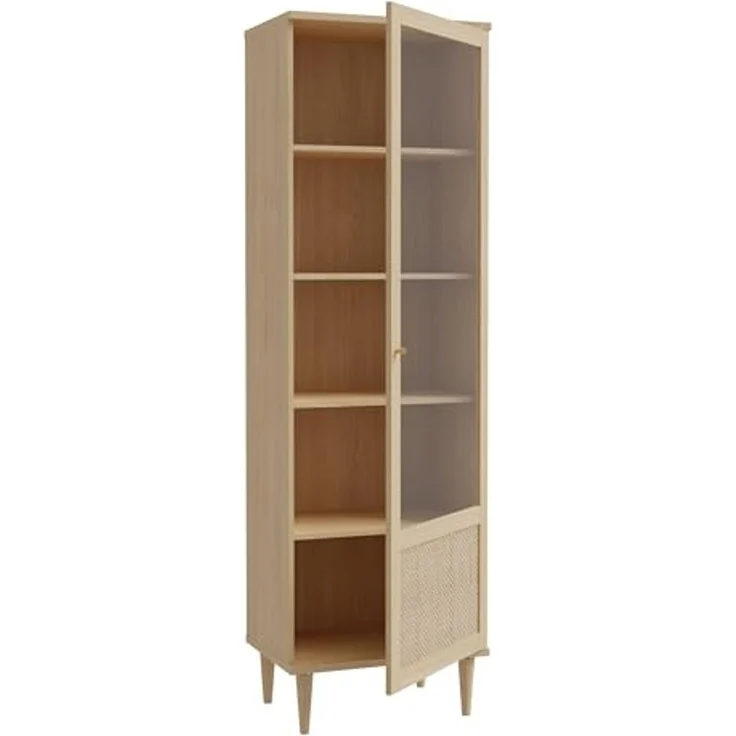 Forte CALASETTA Vitrine 60, Boho-Vitrinenschrank mit Rattangeflecht, 1-türig, Holzwerkstoff, Elegancia Eiche | Technorattan, 60,4 cm breit x 198,5 cm hoch x 41,4 cm tief – Bild 7