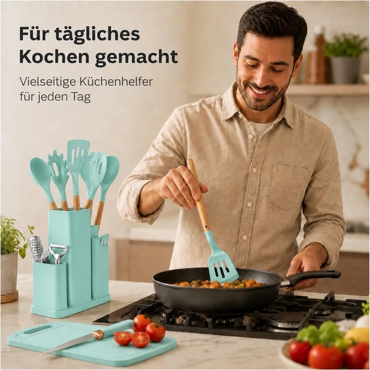 Diyarts Kochbesteck-Set (für beschichtete Pfannen, inklusive Kochmesser, Beige 23-teilig, Grün, Weiß und Schwarz je 20-teilig), Schonende Silikon-Küchenhelfer mit Holzgriffen & Messer im Set – Bild 3