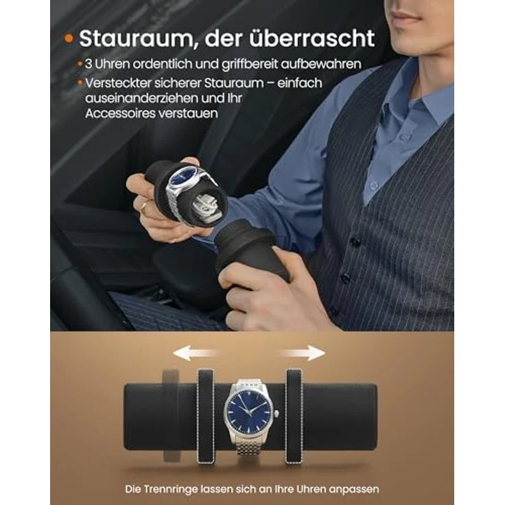 SONGMICS HOME RONNE Kollektion - Uhrenbox unterwegs, Uhrenrolle für 3 Uhren, hexagonale Form, PU im Flechtlook, versteckter Stauraum, 9,8 x 21,2 x 8,7 cm, Geschenkidee, tintenschwarz JWB027B01 – Bild 5