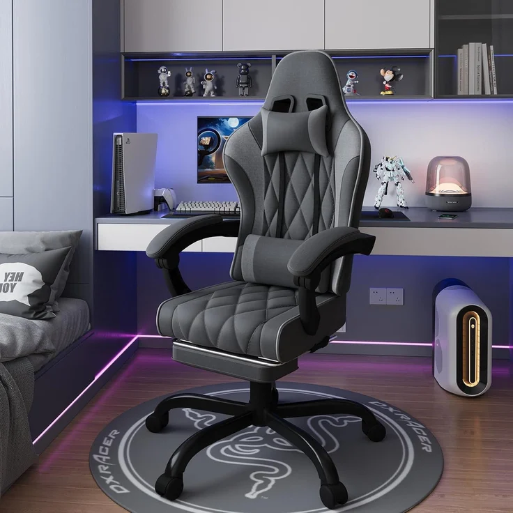 JUMMICO Gaming Stuhl Stoff mit Federpolsterung, Ergonomischer Bürostuhl mit Massager. Gaming Chair mit Kopfstütze, Fußstütze, Höhenverstellbar. Gamer Stuhl 150 kg belastbarkeit. Dunkelgrau – Bild 2