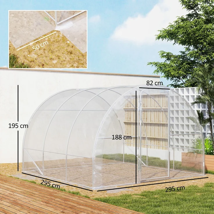 Wohnora-3 x 3 x 2 m (9 m²) Tunnelgewächshaus mit Flügeltür und 150 g/m² PE-Folie für Gemüse, Pflanzen und Blumen,H 1950cm x T 1640cm x B 2950cm,Transparent – Bild 4
