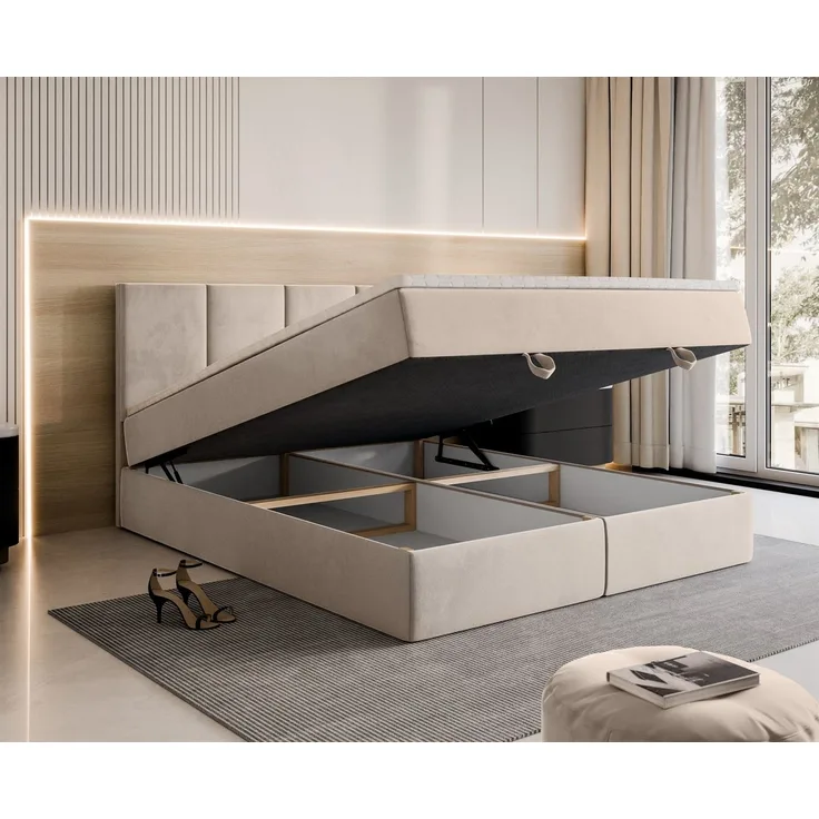 Lookway Boxspringbett ELZA – Komfortables und modernes Polsterbett für jedes Schlafzimmer (mit Bettkasten und Matratze), komfortabel gepolstertes, hohes Kopfteil