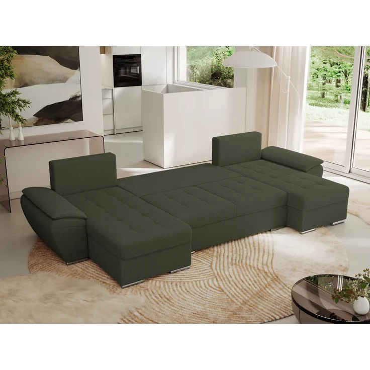 U-förmiges Ecksofa mit Schlaffunktion, genähter Sitz, zwei Armlehnen und losen Kissen - UMBRIA U - Grün Boucle – Bild 3