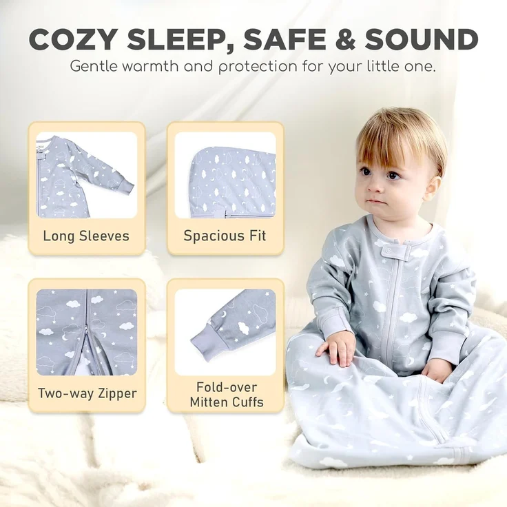 Mama Cheetah Baby Schlafsack mit Ärmeln, 0.5 TOG Bio-Baumwolle Wearable Blanket und Zwei-Wege-Reißverschluss, Swaddle Transition Long Sleeve Sleep Sack für Neugeborene to Kleinkind, 6-12 Monate – Bild 4