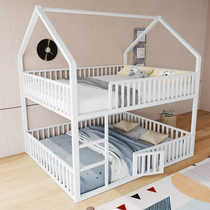 Kinder-Etagenbett 140*200, Metall-Doppelbett, Kinder-Familienbett, Etagenbett mit Treppe, Loft-Design, Unteres Bett mit kleiner Tür zum Öffnen und Schließen, Weiß – Bild 3