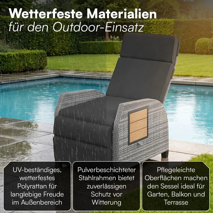 STEELSØN 'Caelum' Polyrattan Sessel mit Liegefunktion, grau-meliert/Akazie, verstellbare Rückenlehne, inkl. Polster, Ausklapptisch, wetterfest, 2er Set – Bild 7