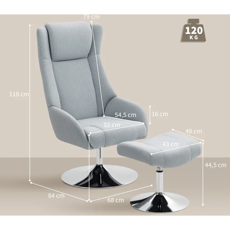 Relaxsessel Set mit Fußhocker und Kopfteil, 360° drehbarer Fernsehsessel mit Leinenstoff Bezug, elektroplattiert, 118 x 68 x 84 cm, Grau – Bild 8