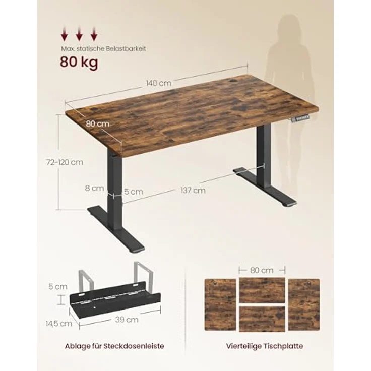 VASAGLE Höhenverstellbarer Schreibtisch, 140x80 cm, USB-C-Anschluss, Ablage für Steckdosenleiste, Stehtisch, Erinnerung bei langem Sitzen, 3 Speichertasten, für Büro, vintagebraun LSD144KD02 – Bild 4