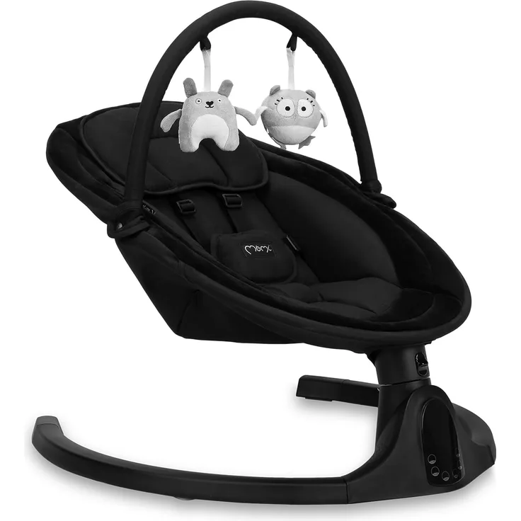 MoMi KENANI ONYX Babywippe für Babys bis 9 kg, mit LED-Display, Fernbedienung & Bluetooth für Smartphone, Batterie- oder Stromanschluss, mit 5-Punkt-Sicherheitsgurt, Bügel und Spielzeug