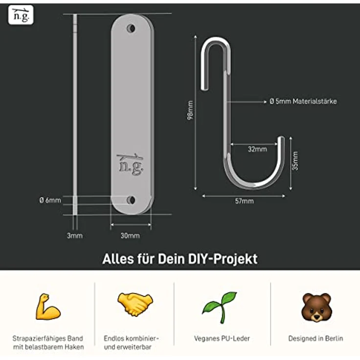 Natural Goods Berlin Garderobenhaken Schlaufe (9 St), Veganes PU Kunstleder Handtuch- Manetlhalter Kleideraufhänger S-Haken – Bild 6