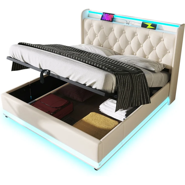 EINHOM Polsterbett Einzelbett, 360-Surround-LED-Funktion, 140 x 200 cm, Weiß PU-Material Hydraulisches Lagerbett, Gepolstertes Kopfteil mit USB Typ-C Ladefunktion, (Mit Matratze) – Bild 7