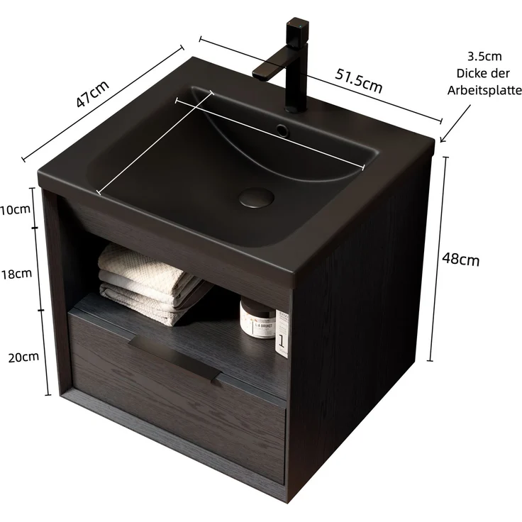 Bad-Waschtisch, 51 cm breit, mit mattschwarzem Keramikbecken und Schublade,H 51.5 x T 51.5 x B 47 cm – Bild 5