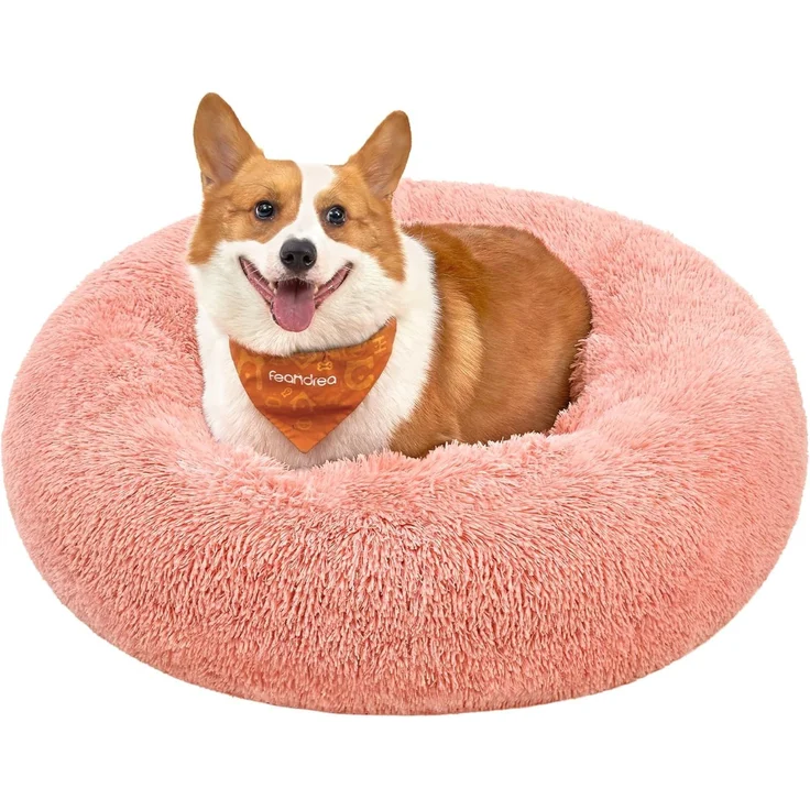 Feandrea Hundebett flauschig, Katzenbett, Donut Kissen, waschbar, Polsterung in der Mitte herausnehmbar, Langer Plüsch, 80 cm Durchmesser, rosa PGW040R01 – Bild 1