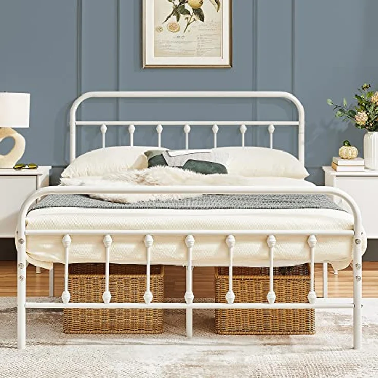 Yaheetech Bettrahmen Vintage Stil 140x200 cm Metallbett Bettgestell aus Metall mit Lattenrost, Modern Gästebett Jugendbett, Weiß – Bild 2