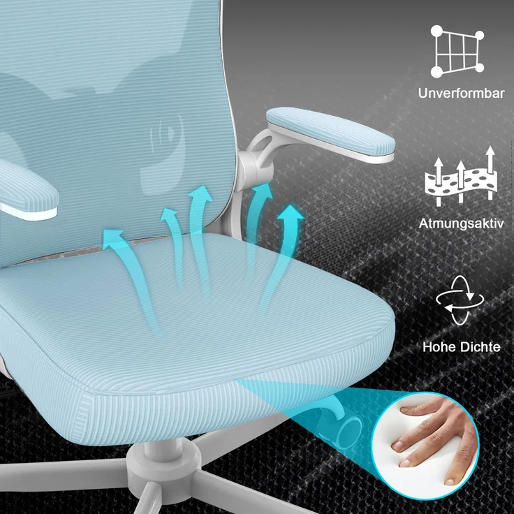 Botifly Ergonomischer Bürostuhl mit Kopfstütze, Mesh-Gewebe, Hellblau, 90°-120° Wippfunktion, 10 cm Höhenverstellbar – Bild 5