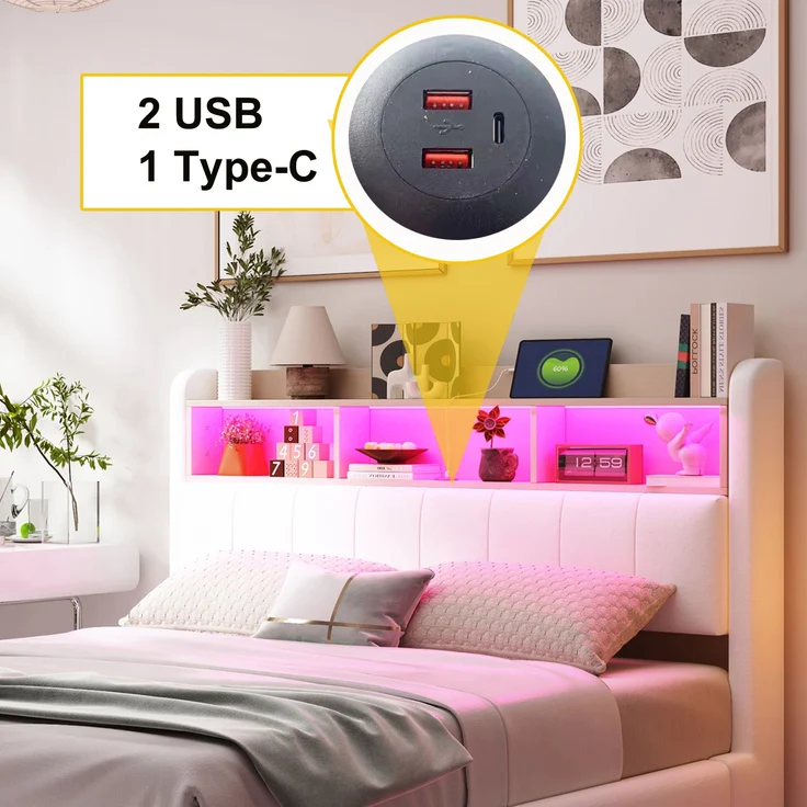 Beiges Schwebebett 140x200 cm Mit LED Beleuchtung Und USB Type C Anschlüssen Doppelbett Mit Stauraum Modernes Design 250 Kg Tragkraft – Bild 6
