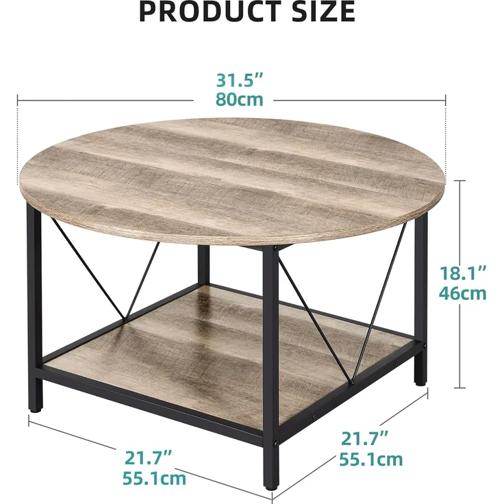 YITAHOME Couchtisch, Wohnzimmertisch 2-stöckiger, Holz Couchtisch Rund 80X80X46cm, Couchtisch mit Stauraum für Couch Schlafzimmer,Stabiler Metallrahmen – Bild 2
