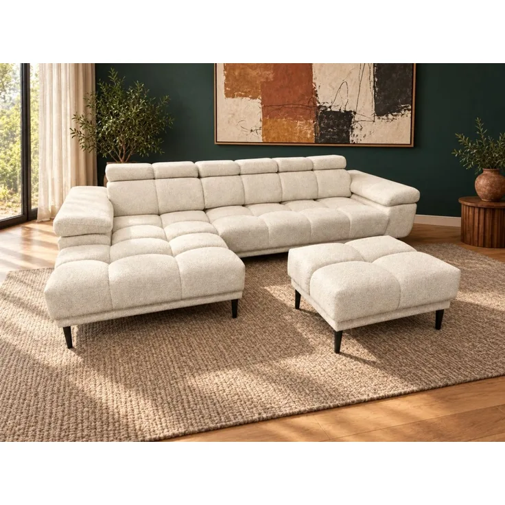 Ecksofa Schlafsofa SENVELIO RELAX inkl. Hocker Stoff Glam Creme Ottomane Links