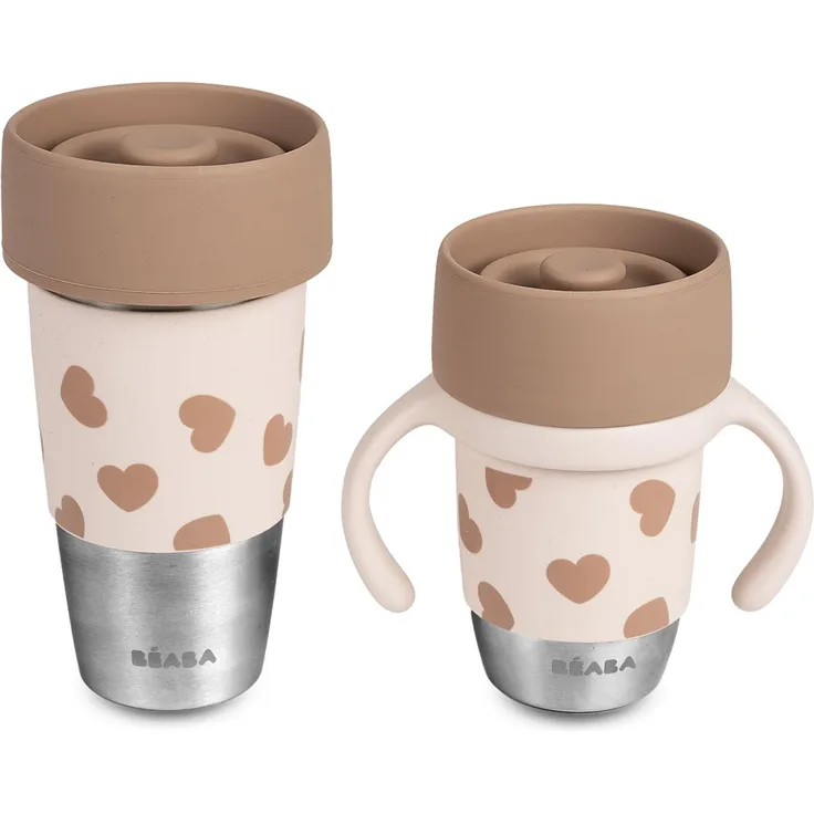 Béaba Mini & Me, Set aus isolierter Thermoflasche und Edelstahl-Lernbecher Click & Drink, Eltern-Kind-Duo, 360°-Becher ohne Ventil, auslaufsicher, mitwachsend, 480 ml & 240 ml, Big Love