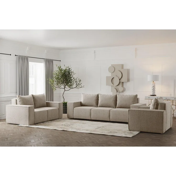 Sofaset Designersofa ESTELLE 3-2-1 in Stoff Poso Beige
