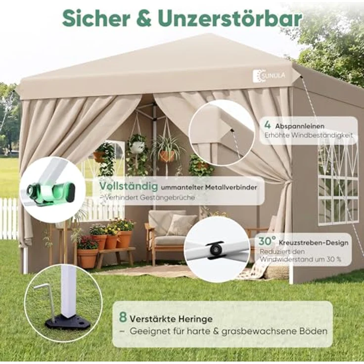 Sunula Pavillon 3x3m, wasserdicht und winterfest mit 4 Seitenwänden, faltbar, stabil mit verdickten Röhren, khaki – Bild 5