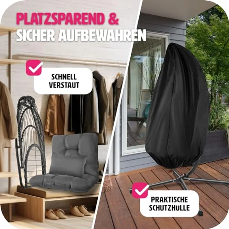 tectake Hängesessel Ariane, Dunkelgrau, Textil, robustes Stahlgestell, belastbar bis 160 kg, mit Schutzhülle, 98x202x107 cm – Bild 8