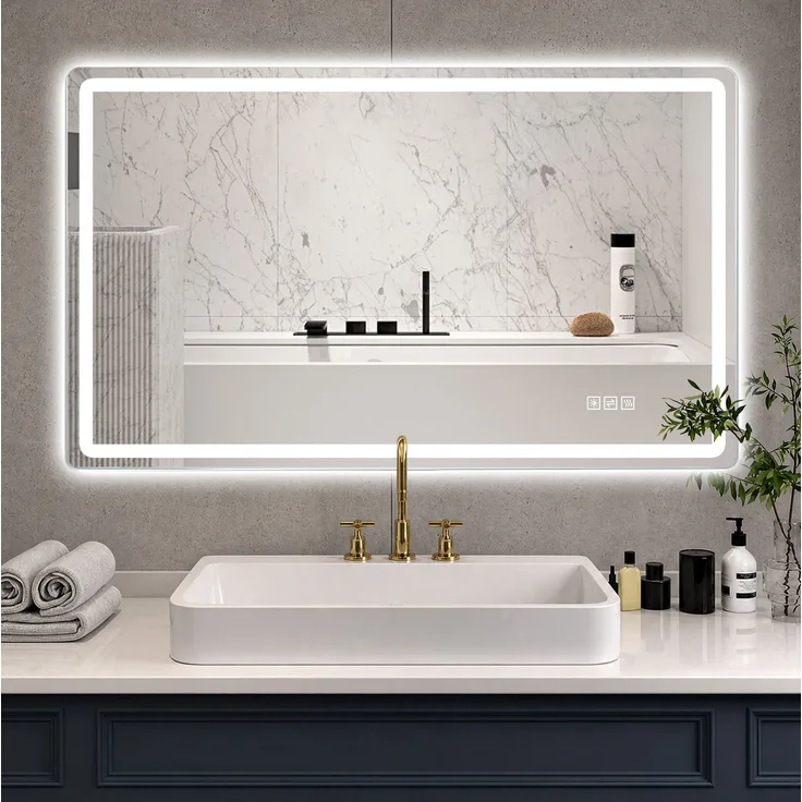 LED-Badezimmerspiegel 60x120 cm, rahmenlos mit Anti-Beschlag & Dimmfunktion, Silber