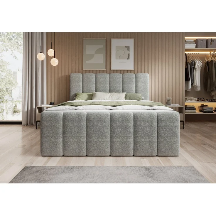 thematys Boxbett mit Bettkasten 180x200cm, mit Bonnellfederkernmatratze H3, Bouclé/Velours, mit Stauraum, mit 3 cm Topper, Hellgrau (Fredo 30) – Bild 2