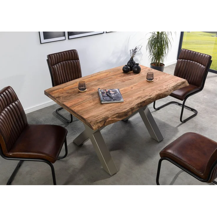 Baumtisch Sheesham 160x90x77 grau gebeizt / X-Beine silber matt FREEFORM 5 – Bild 2