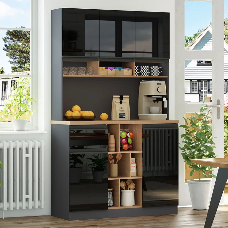 EINHOM 105 x 45 x 185 cm, Moderner Küchenschrank, Buffet, Sideboard, Grau und Schwarz, Metallgriffe, Verstellbare Regale, Schubladen, Offener Stauraum, Kippschutzzubehör, Geeignet für Küche, Wohnzimmer und Schlafzimmer – Bild 4