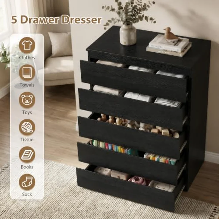 Jocoevol Kommode mit 5 Schubladen für Schlafzimmer, 60 x 39 x 100 cm, Modernes Schlichtes Design, Holzkommode mit tiefen Schubladen, für Wohnzimmer, Flur oder Eingangsbereich, Schwarz – Bild 6