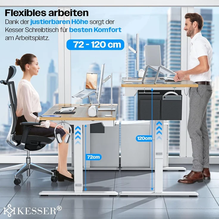KESSER® Höhenverstellbarer Schreibtisch elektrisch, Ergonomisch Steh-Sitz Schreibtisch, 3-Funktions-Memory Steuerung, Inkl. 360° Rollen & USB-Ladeanschluss, Computertisch für Homeoffice Beige, 160 x 70 cm – Bild 5