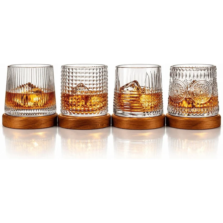 Sendez Whiskyglas 4er Set Whiskygläser 170ml Holzuntersetzer Tumbler Drehend 4 Muster, 4-tlg, Glas – Bild 1