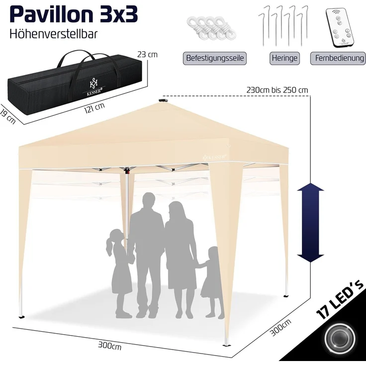 KESSER® Faltpavillon mit Tasche und Beleuchtung, wasserdicht und UV-Schutz 50+, Metall / Polyester beige, 300x300 cm – Bild 8