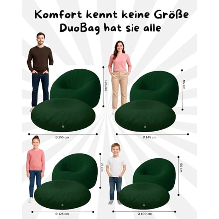 PATCH HOME 2-in-1 Sitzsack Sessel - Gaming Bean Bag mit Reißverschluss - Bereits befüllt, Ergonomisch & Robust für Kinder & Erwachsene - Indoor & Outdoor, Wetterfest (Dunkelgrün, 155cm) – Bild 3