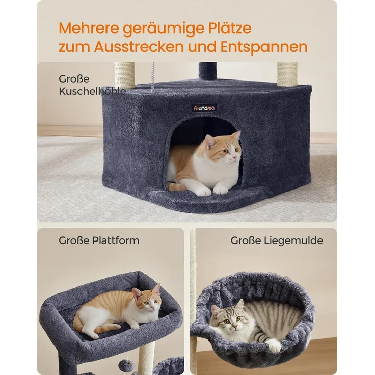 Feandrea Kratzbaum, Katzenbaum, 48,5 x 48,5 x 140,7 cm, Katzenkratzbaum mit großer Kuschelhöhle, großen Plattformen, Plüschbällen, Liegemulde, dukelgrau – Bild 3