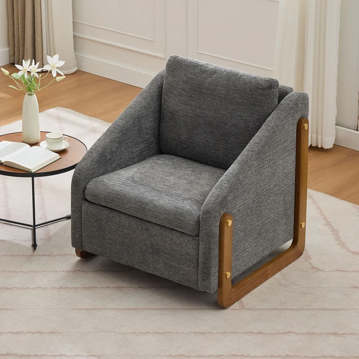 Chenille-Grau Loungesessel mit Holzarmlehnen, ergonomischem Design, kompakter Größe & hoher Belastbarkeit – Bild 1